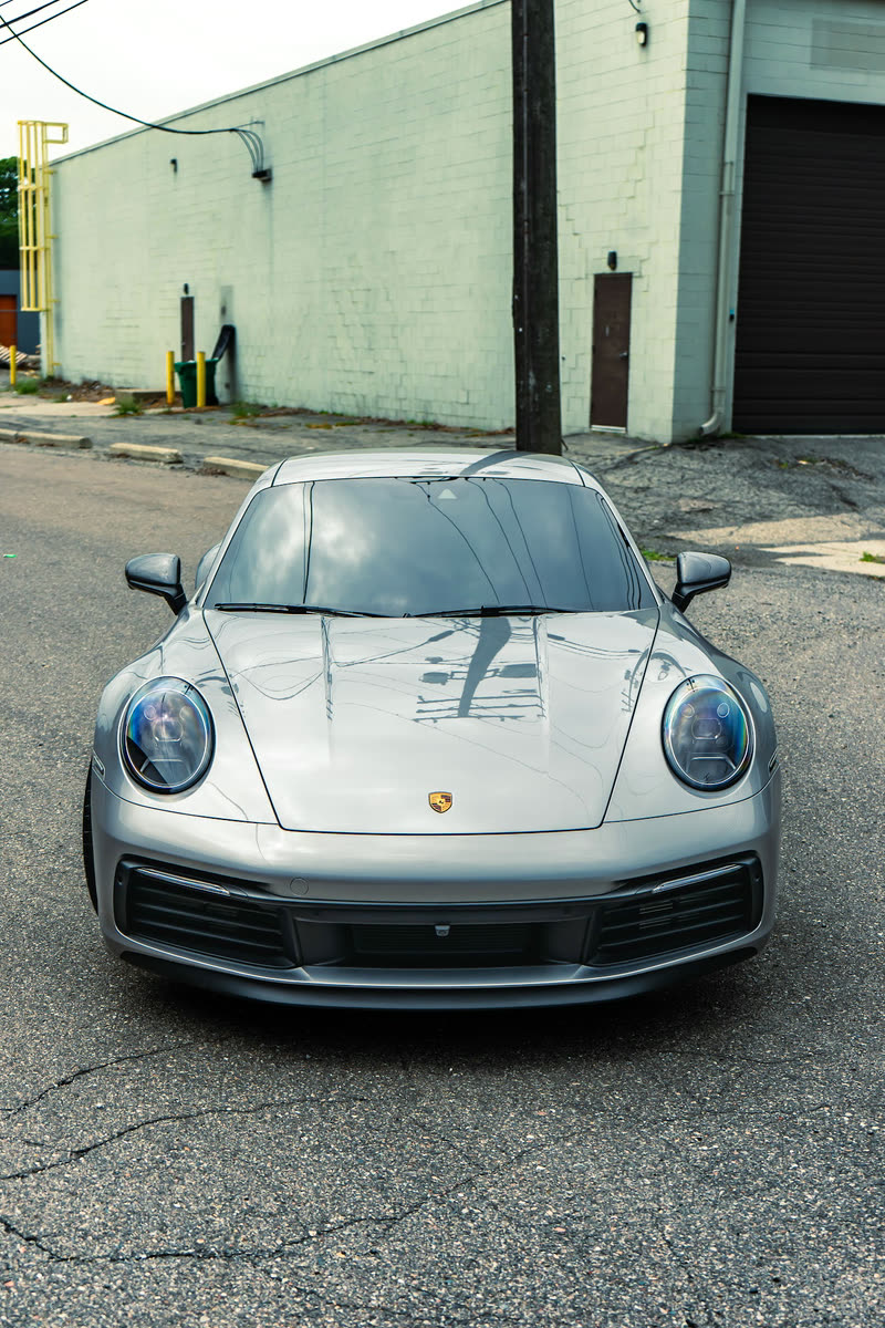 Silver Porsche 911, front view