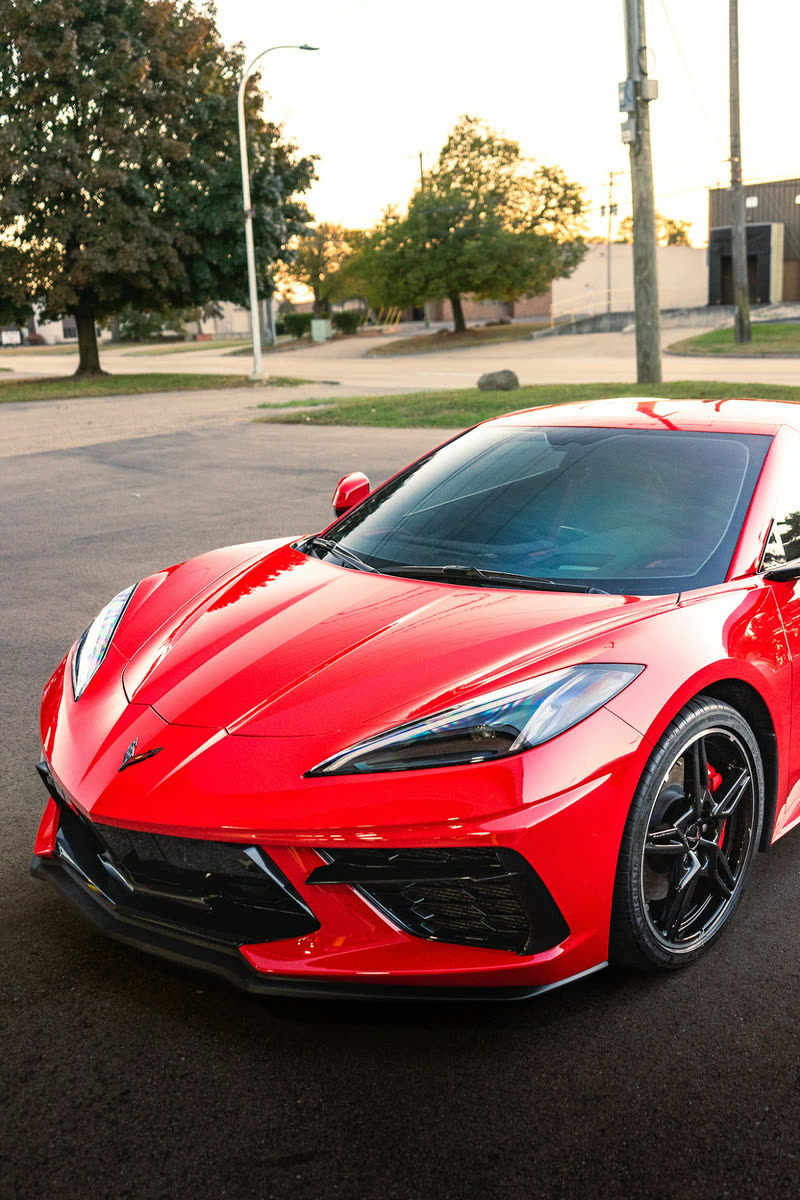 Red Chevrolet Corvette Stingray, front three-quarter view
