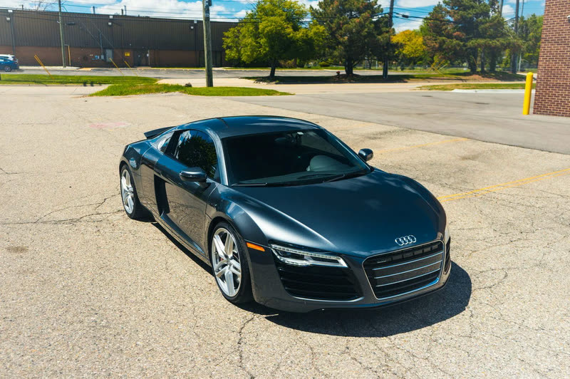 Dark grey Audi R8, front three-quarter view