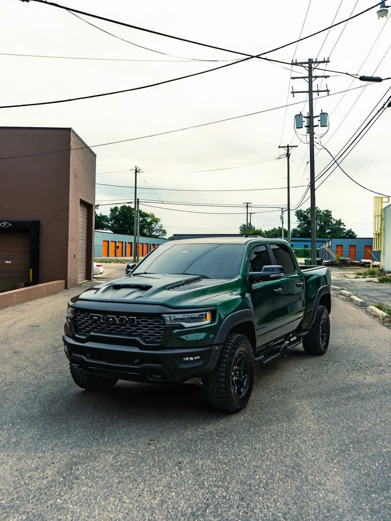 Dark green Ram TRX pickup, front three-quarter view